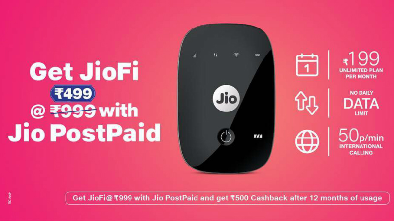 Jio Announces New Cashback Offer, Lowers JioFi Effective Price to Rs. 499