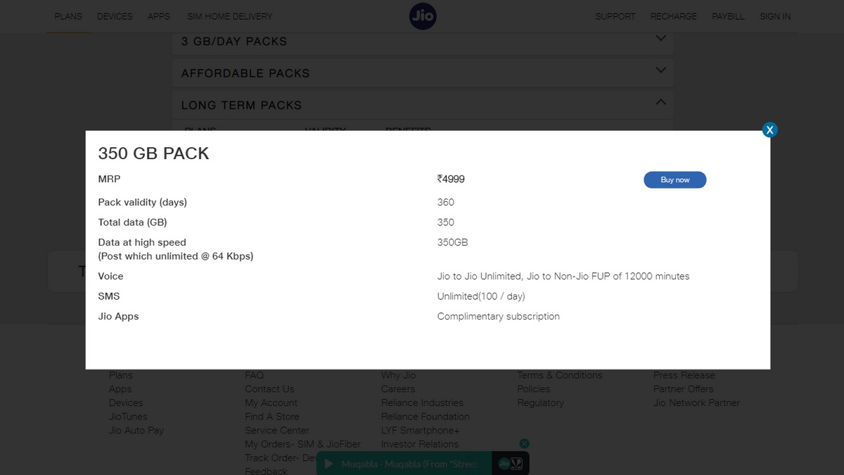 Jio's Rs. 4,999 Long Term Prepaid Plan Returns With 360 Days Validity, 350GB Data