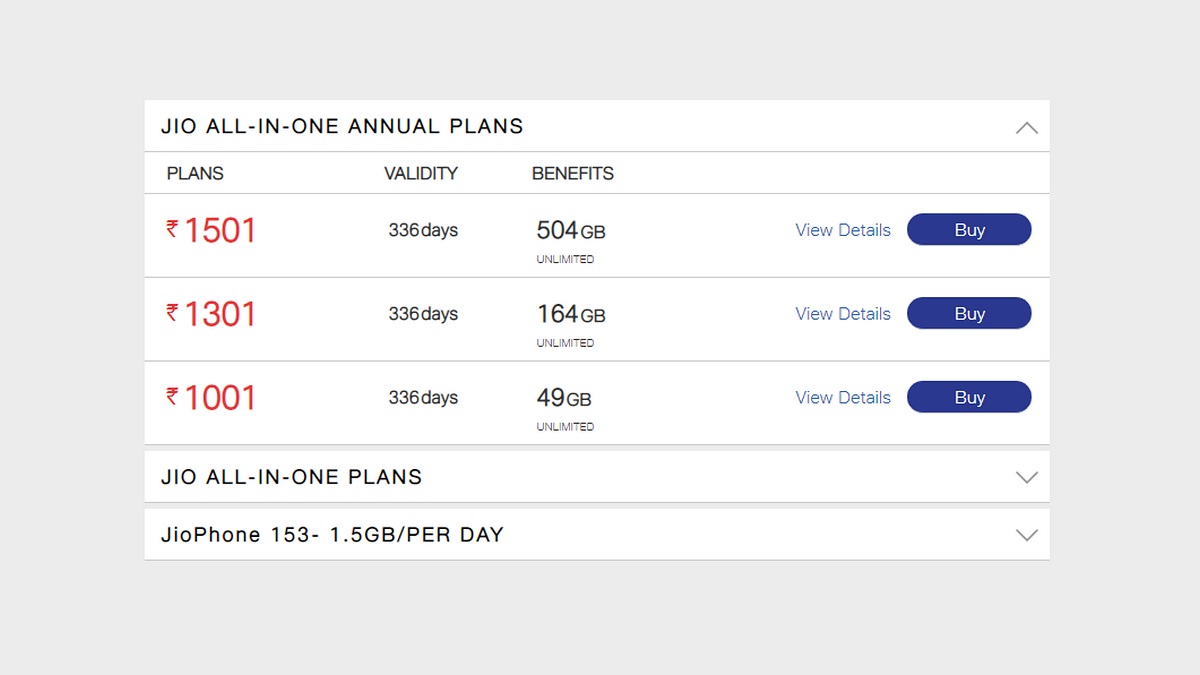 Reliance Jio Phone Users Get 3 New All-in-One Prepaid Annual Plans With Up to 504GB Data, 336 Days Validity