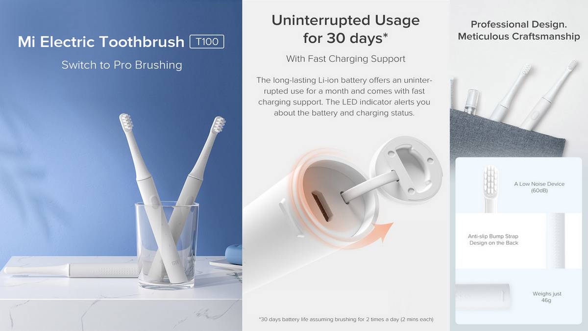 Xiaomi Mi Electric Toothbrush T100 With 30-Day Battery Life, IPX7 Rating Launched in India