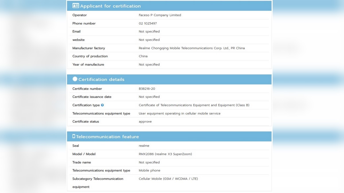 Realme X3 SuperZoom Spotted in Thai Regulator’s Database With Model Number  RMX2086