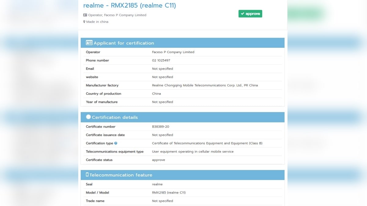 Realme C11 With Model Number RMX2185 Spotted on NBTC Certification Website