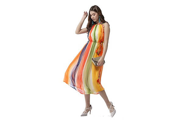 StyleStone Womens Chiffon Tie up Rainbow Print Maxi Dress 1 1613072122945