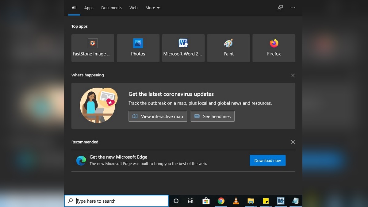 Microsoft Adds Coronavirus Information Links to Windows 10 Search