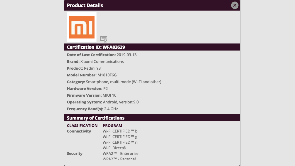 Redmi Y3 Spotted on Wi-Fi Certification Site, Listing Tips MIUI 10 Based on Android Pie