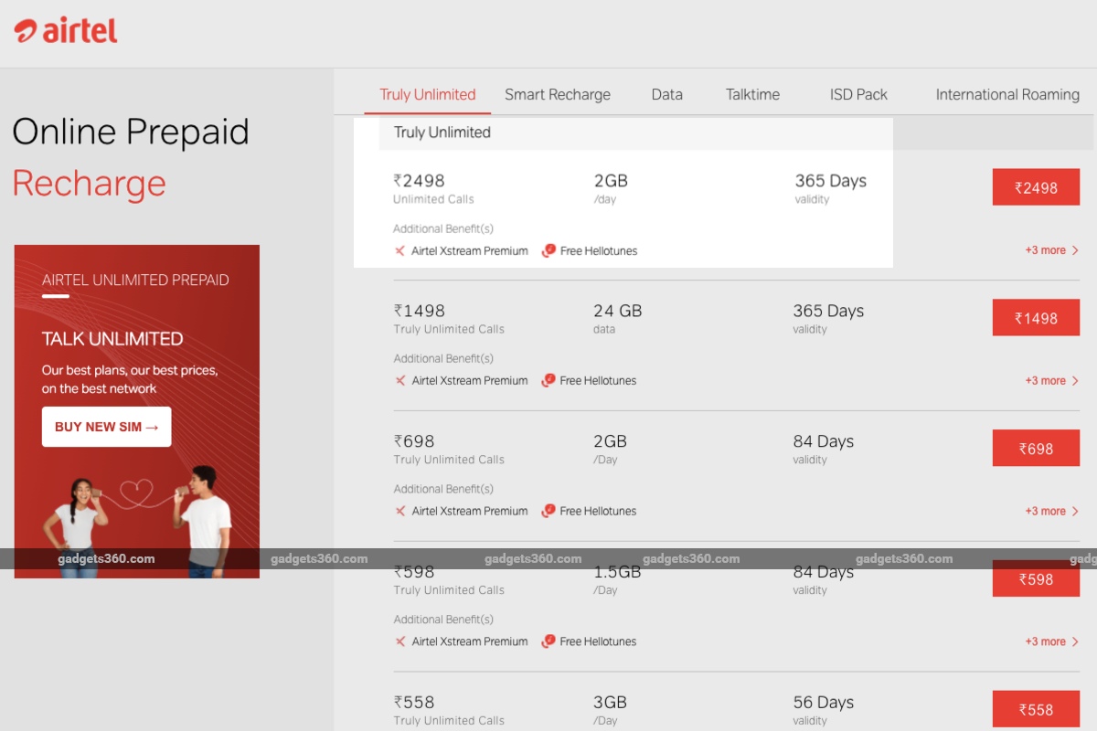 Airtel Discontinues Rs 2 398 Recharge Plan Brings Free Data Coupons Offer Technology News Airtel prepaid plan (84 days validity) launch 2 new unlimited plan ₹, ₹598, ₹698 from 3rd dec airtel increase prepaid traiff. rs 2 398 recharge plan