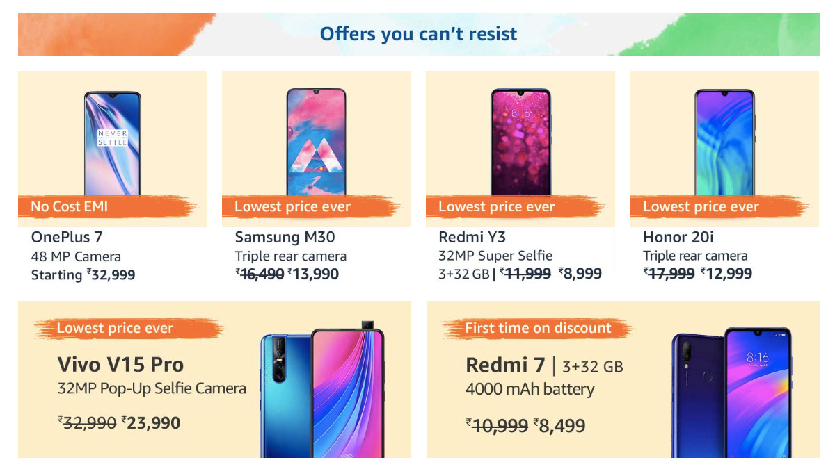Amazon Freedom Sale 2019: OnePlus 7, Samsung Galaxy M30, LG W10, Redmi Y3 to Receive Discounts, Other Offers