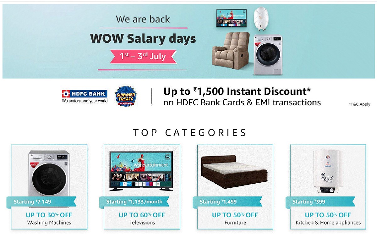 Amazon Wow Salary Days Sale Kicks Off With Up to 60 Percent Discount on TVs, Home Appliances, Other Offers