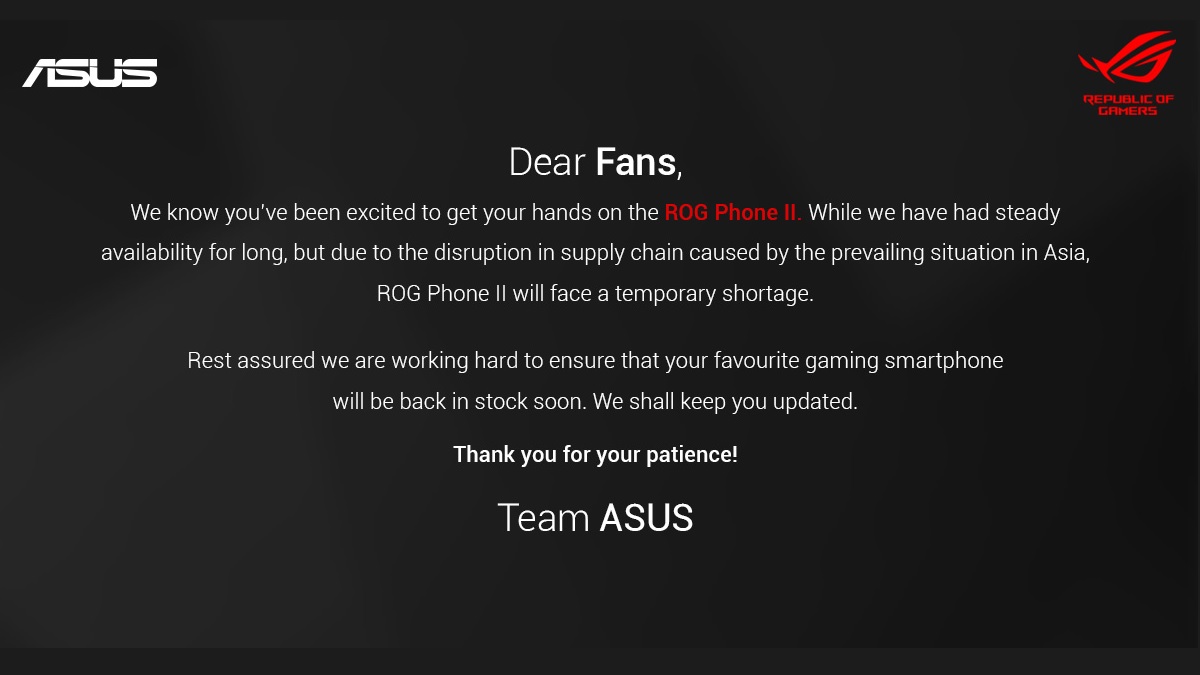 Coronavirus: Asus ROG Phone 2 Temporarily Goes Out of Stock in India