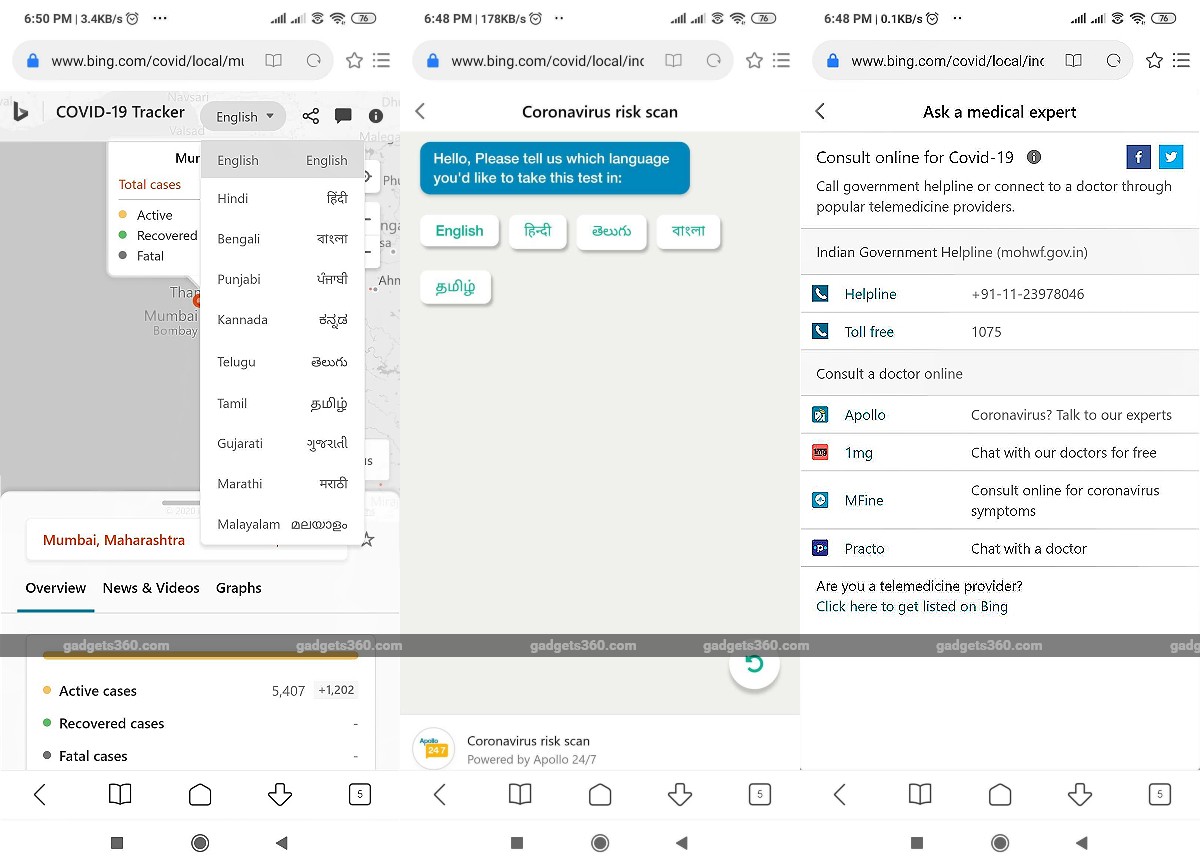 Coronavirus: Microsoft Bing COVID-19 Tracker Brings Support for 9 Indian Languages, Offers Telemedicine Service