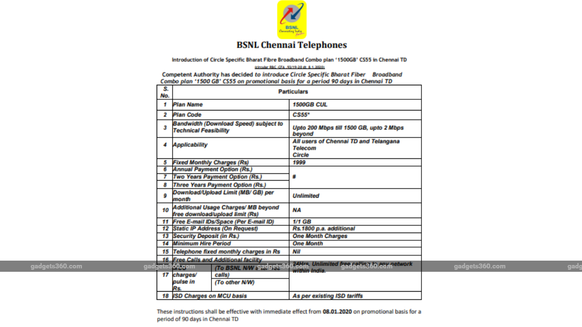 BSNL Rs. 1,999 Bharat Fiber Broadband Plan Launched With 200Mbps Speeds, 1.5TB Data FUP