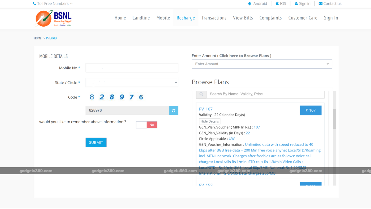 bsnl rs 107 revised validity inline BSNL Rs. 107 plan