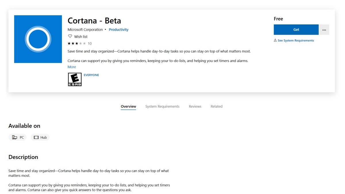 Microsoft Cortana Appears as a Separate App on Microsoft Store