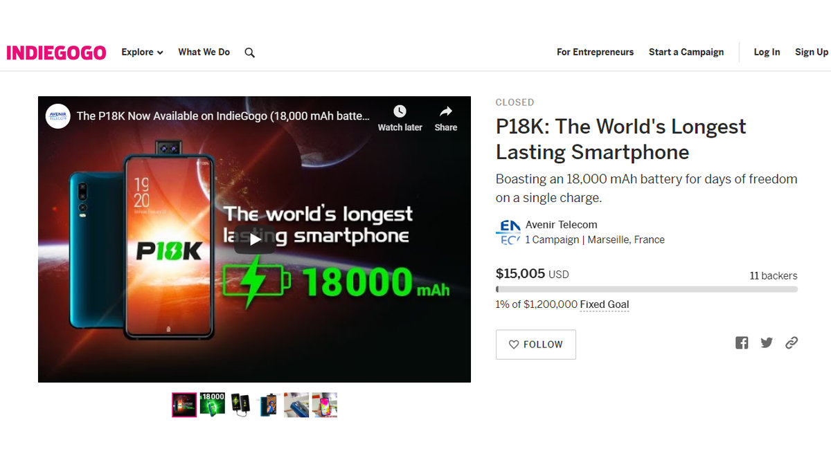 Energizer P18K Pop With 18,000mAh Battery Spectacularly Fails to Raise Funding Target