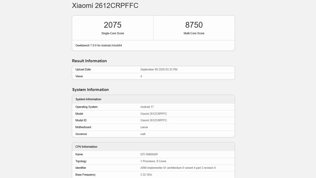 geekbench listing 2612crpffc Xiaomi 2612CRPFFC