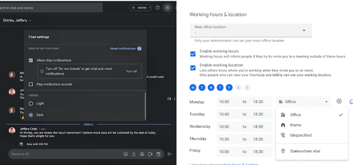 Google Chat for Web Gets Dark Mode, Google Calendar to Allow Adding Work Location
