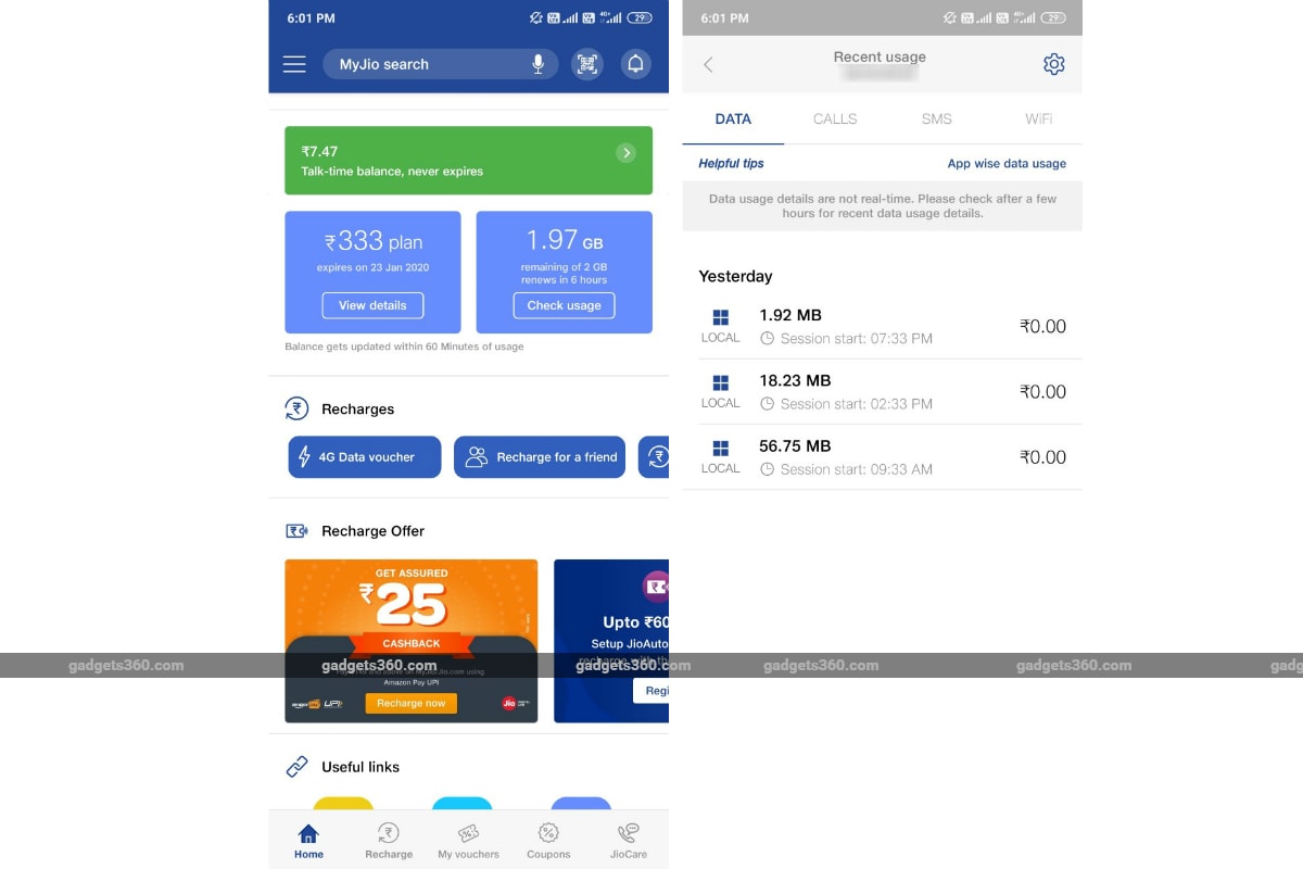 jio balance check myjio usage screenshots gadgets 360 Jio  MyJio