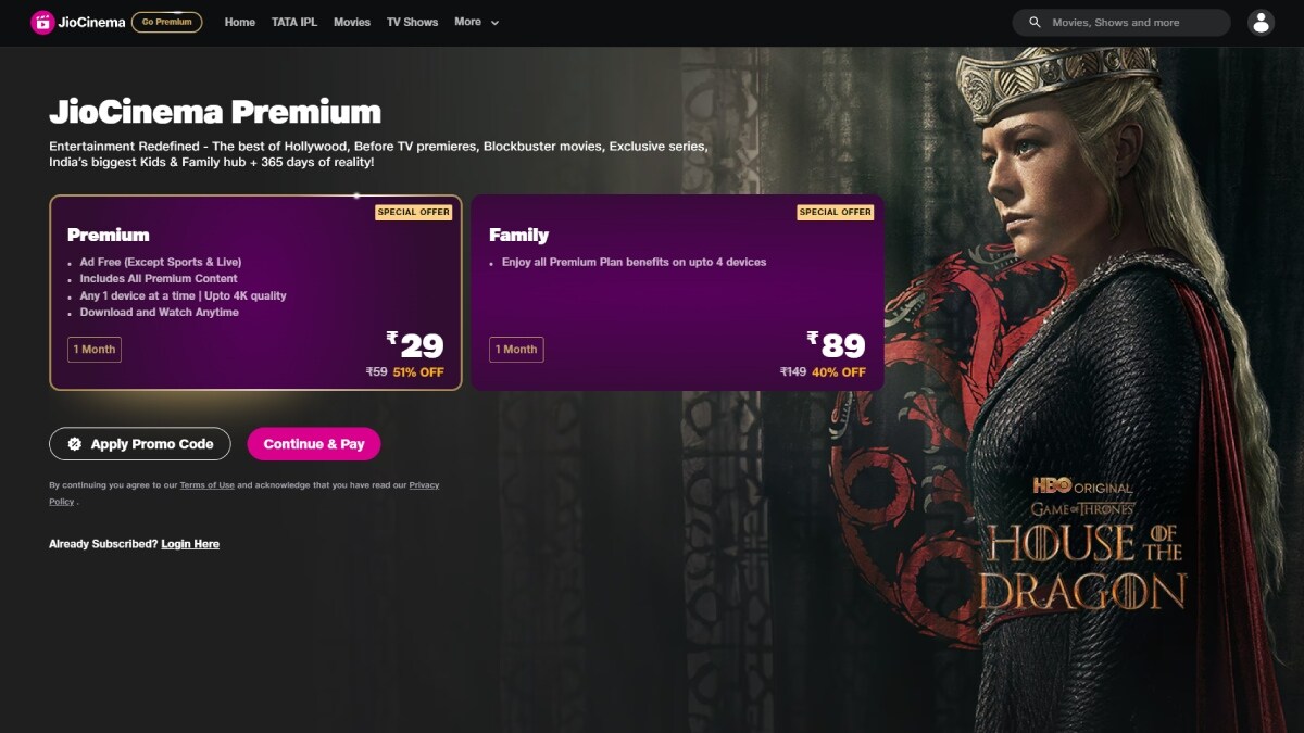 JioCinema Premium Plans With Ad Free 4K Video Streaming Starting At Rs 