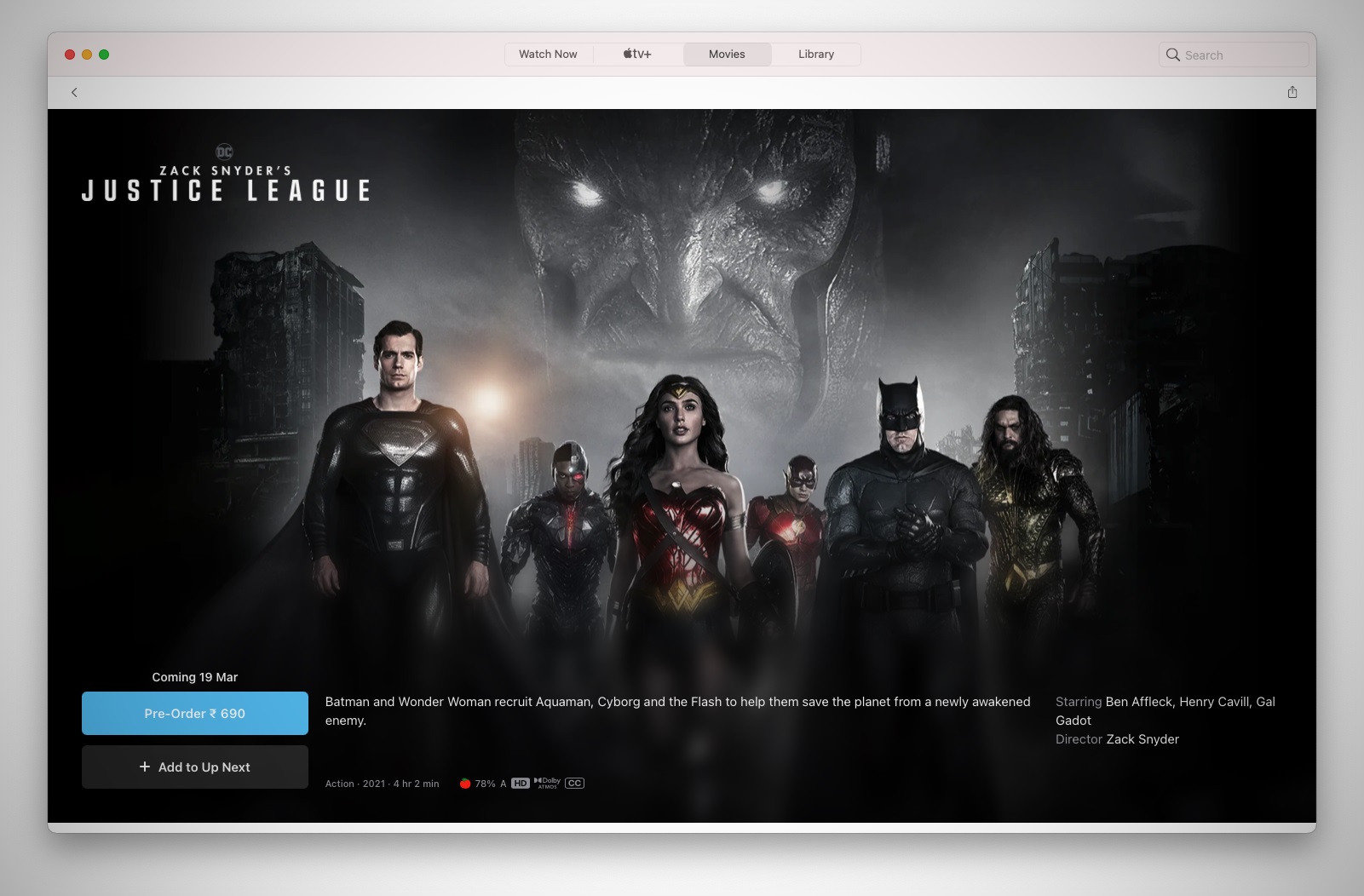 Justice League Snyder Cut Apple TV Pre-Orders Live in India