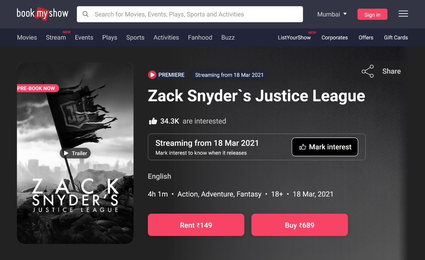 Justice League Snyder Cut Racks Up 31,000 Pre-Orders on BookMyShow Stream