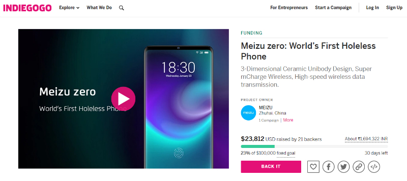 Meizu Zero With No Physical Buttons Listed on Crowdfunding Site Indiegogo