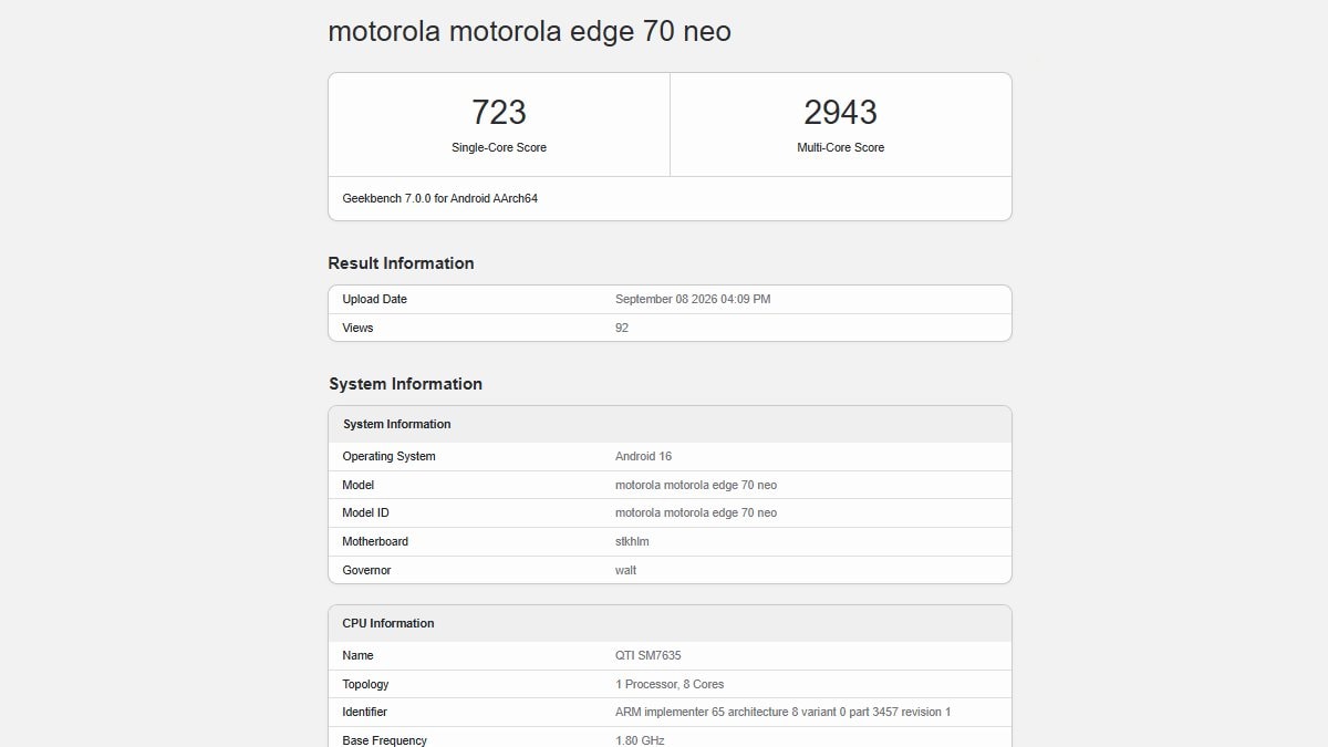 motorola edge 70 neo geekbench Motorola Edge 70 Neo