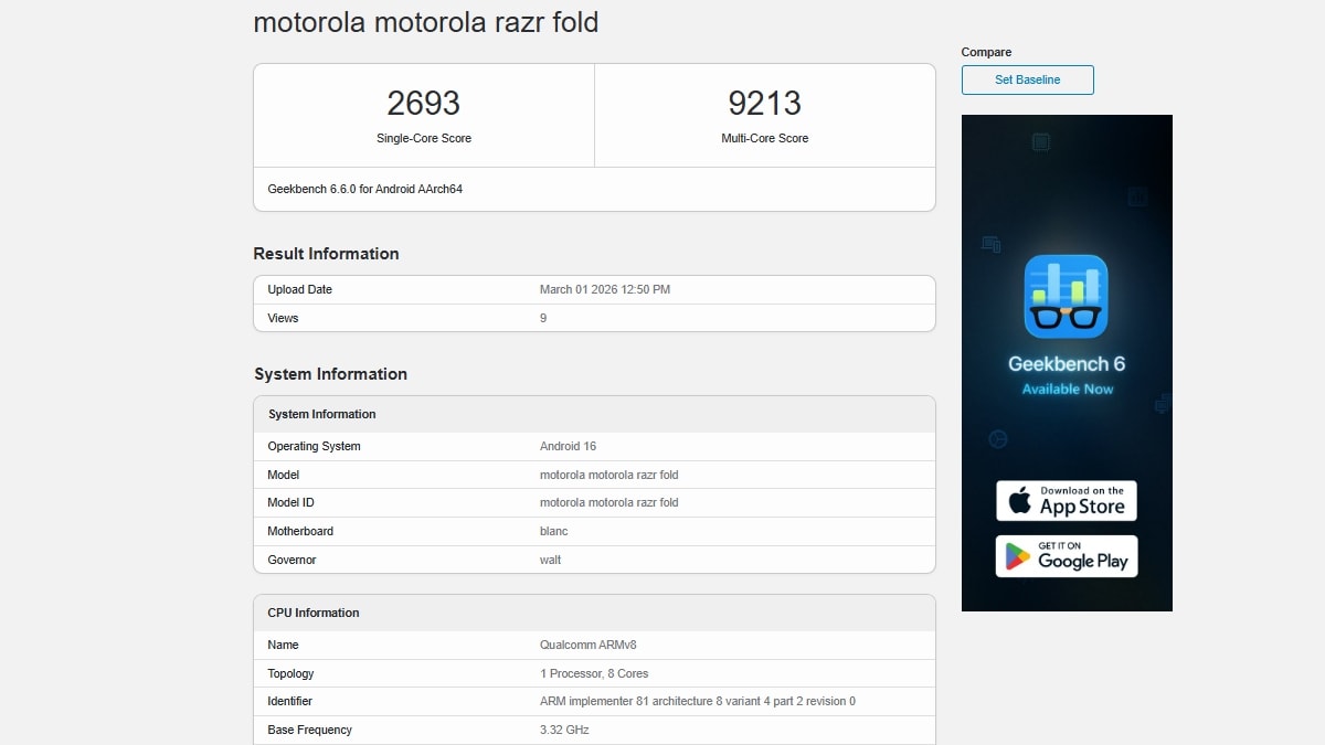 motorola razr fold geekbench Motorola Razr Fold