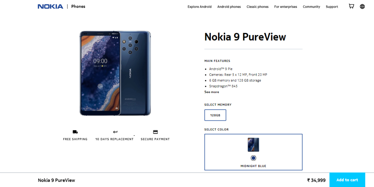 Nokia 9 PureView Price in India Slashed by Rs. 15,000, Now Listed at Rs. 34,999