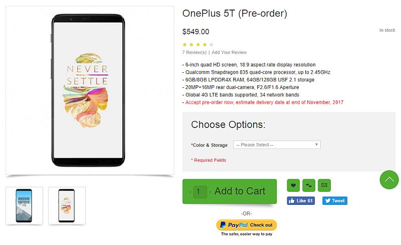 OnePlus 5T Price & Specifications Listed, Pre-Orders Now Open on Chinese E-Commerce Retailer's Site