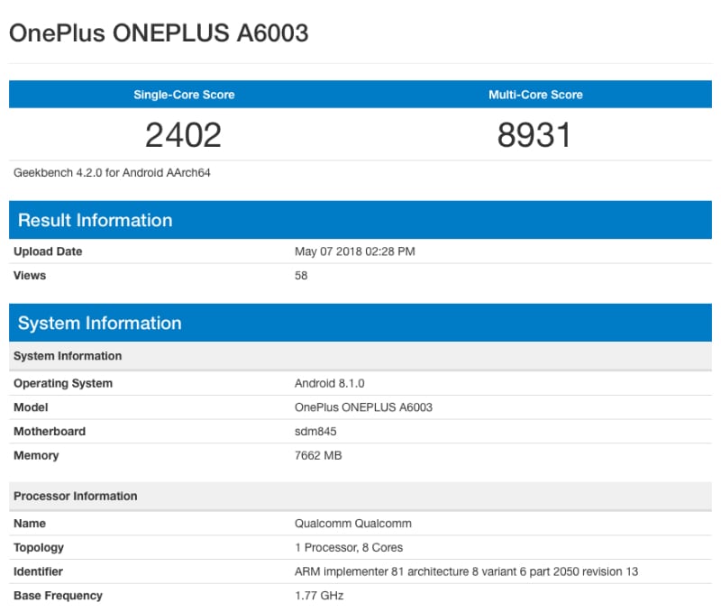 oneplus 6 8GB ram geekbench OnePlus 6 8GB RAM Geekbench