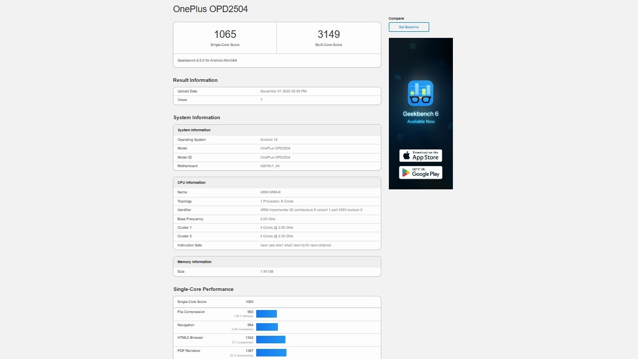 oneplus pad 2 go geekbench OnePlus OPD2504