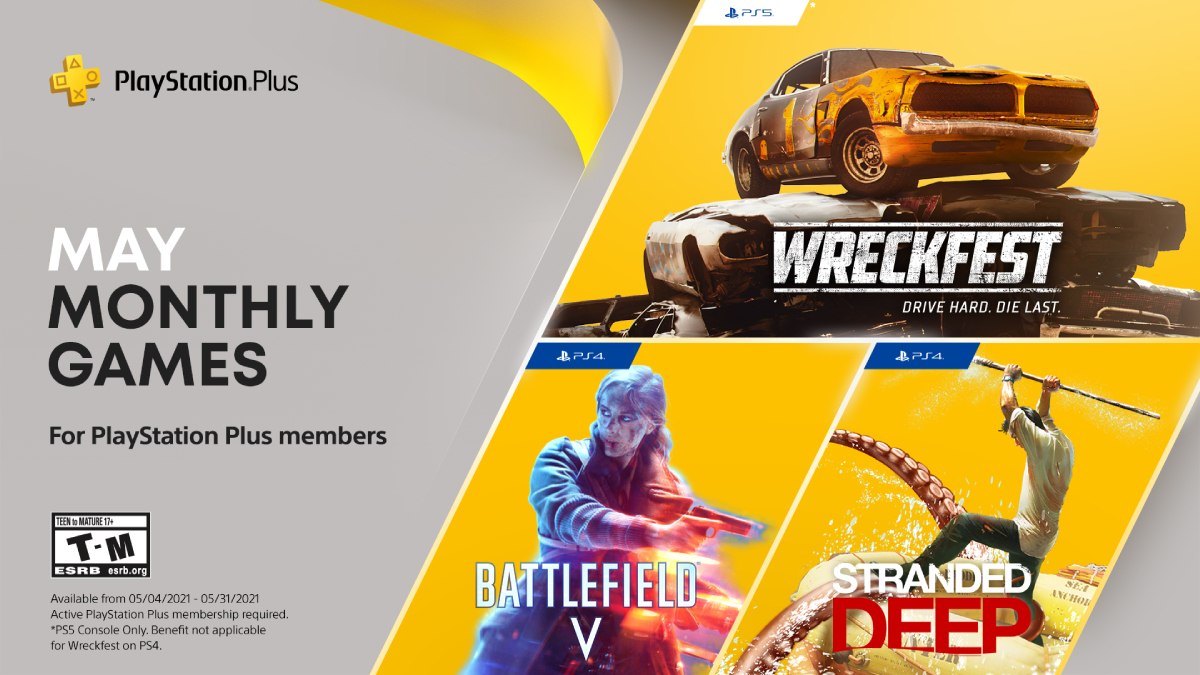 PlayStation Plus Free Games Announced for May: Battlefield V, Stranded Deep, Wreckfest