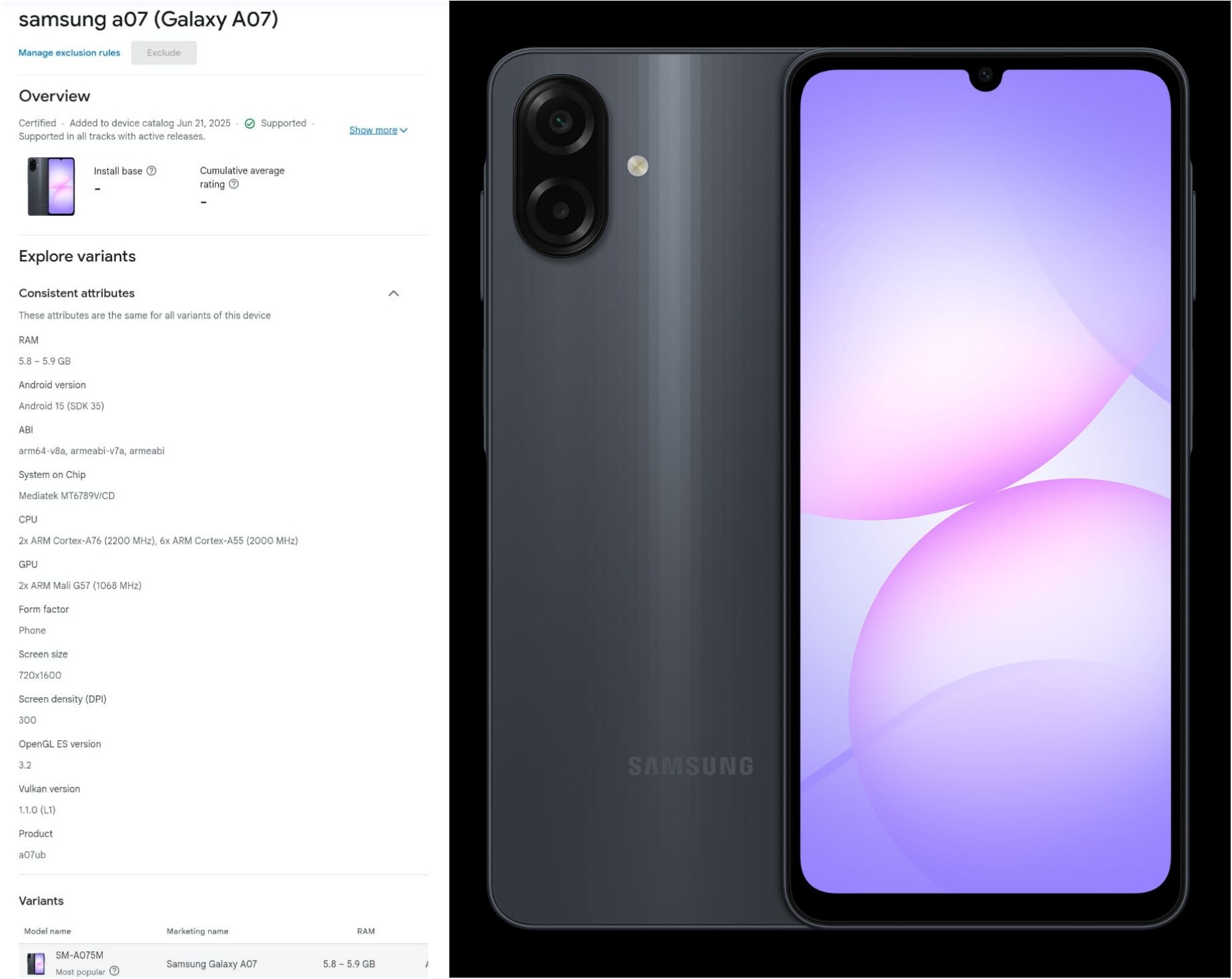 Samsung Galaxy A07 Listed On Google Play Console With Design Key Specs 