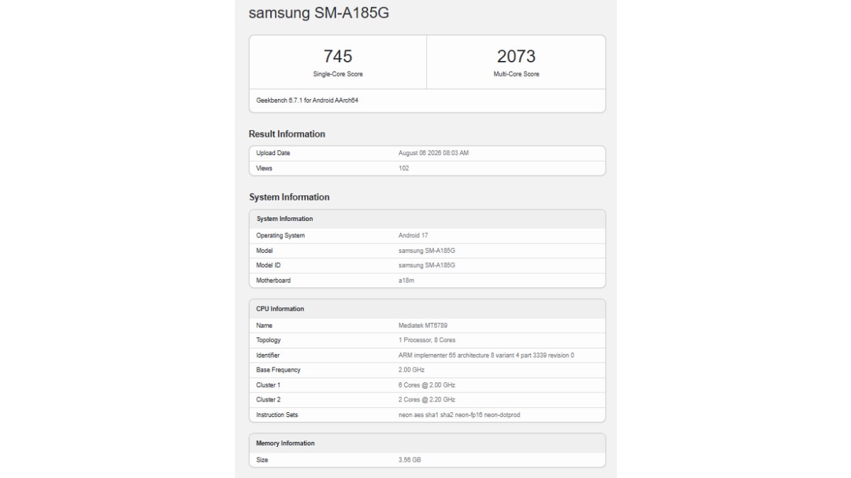 samsung galaxy a18 4g geekbench inline Samsung Galaxy A18 4G Geekbench Listing