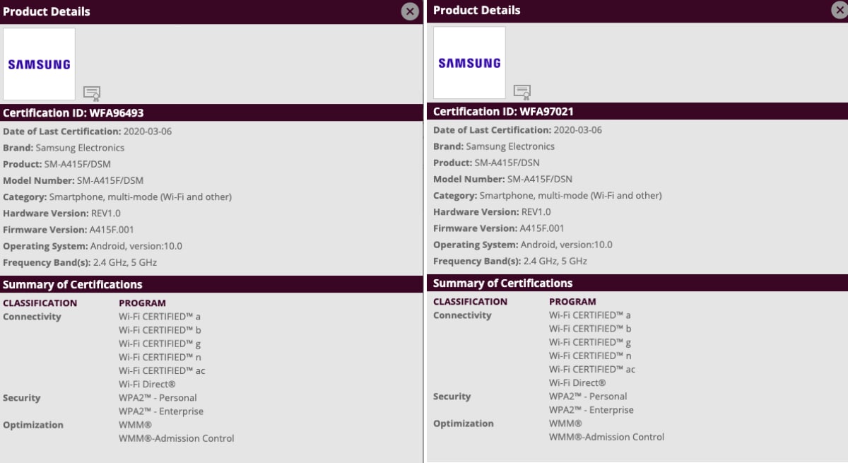 samsung galaxy a41 wi fi alliance certification Samsung Galaxy A41