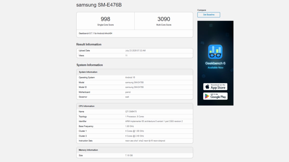 samsung galaxy f70 pro geekbench inline Samsung Galaxy F70 Pro Geekbench Listing