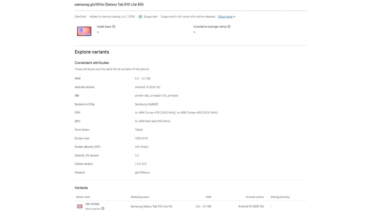 Samsung Galaxy Tab S10 Lite Design and Specifications Listed on Google Play Console, Could Debut Soon