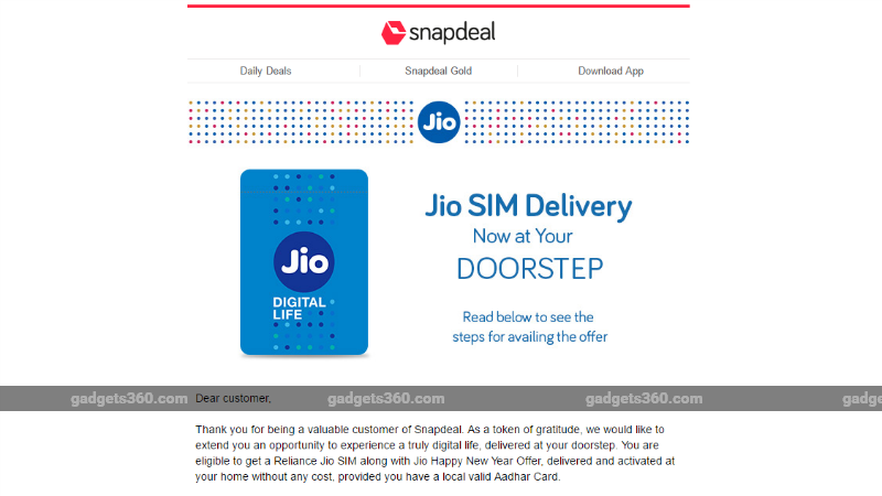 Reliance Jio SIM Cards Home Delivery via Snapdeal Soon