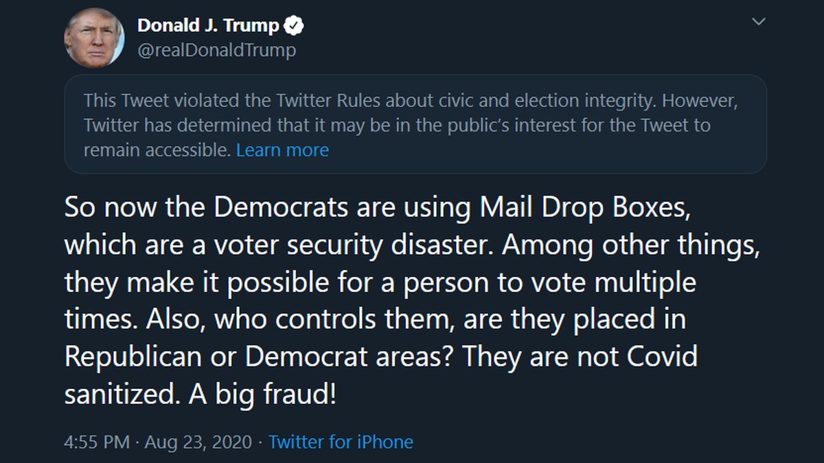 Twitter Attaches Disclaimer on Trump's 'Mail Drop Boxes' Tweet