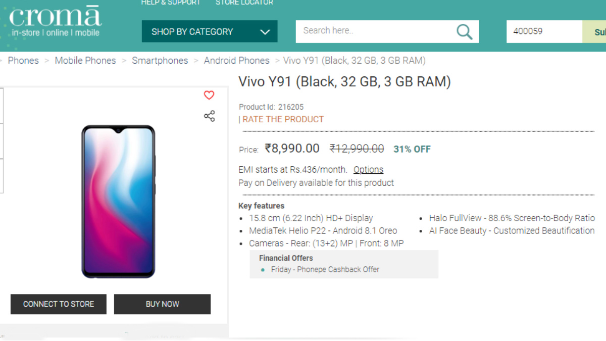 Vivo Y91 3GB RAM Variant Goes on Sale in India via Croma