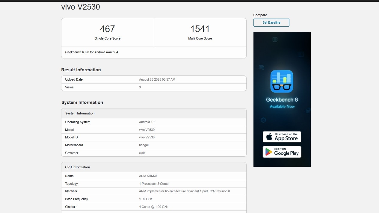 vivo v2530 geekbench V2530
