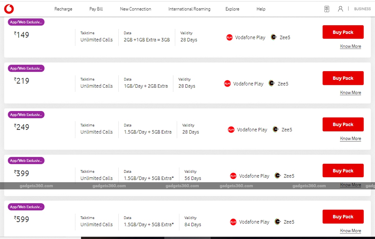Vodafone Idea Offering Up to 5GB Additional Data With Rs. 149, Rs. 219, Rs. 249, Rs. 399, Rs. 599 Plans