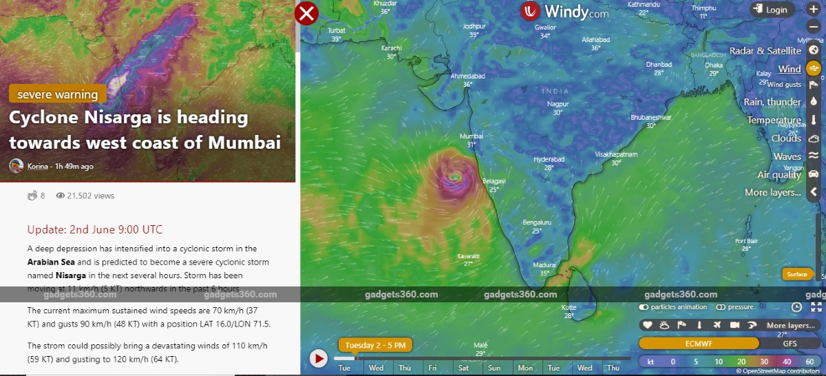 Cyclone Nisarga: Windy.com Shows You What to Expect, Cyclone Expected to Make Landfall June 3