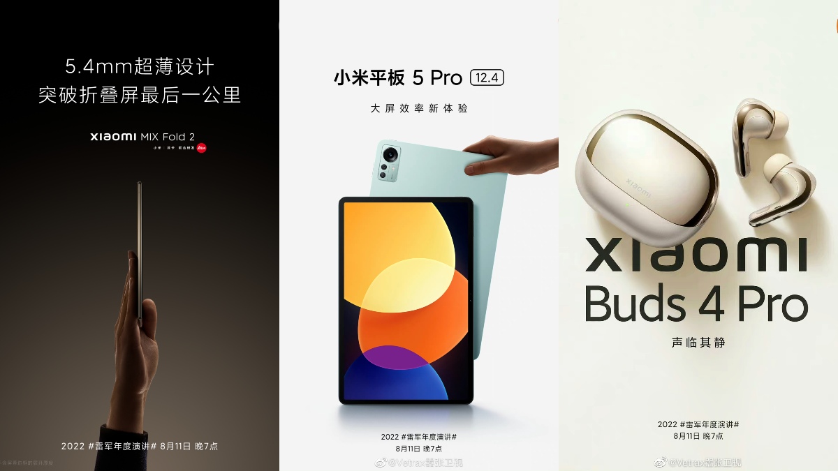 Xiaomi Mix Fold 2, Pad 5 Pro 12.4, Buds 4 Pro Launch Set for August 11: All Details