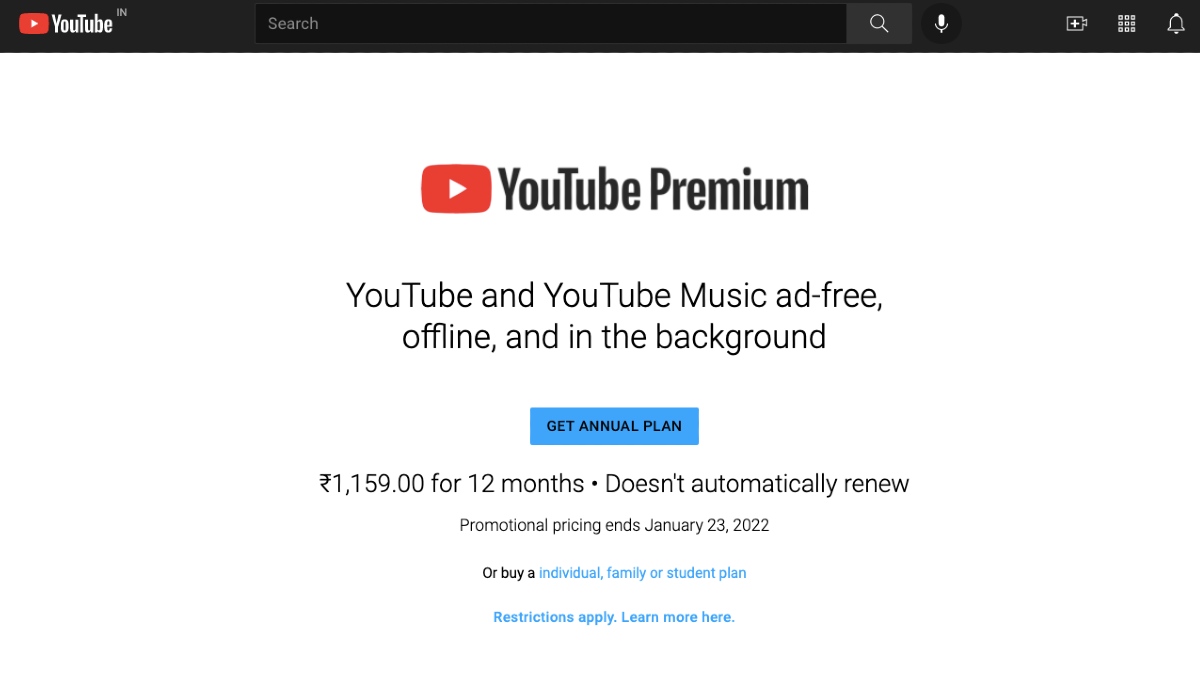 YouTube Premium, YouTube Music Premium Annual Plans Launched in India and Few Other Countries