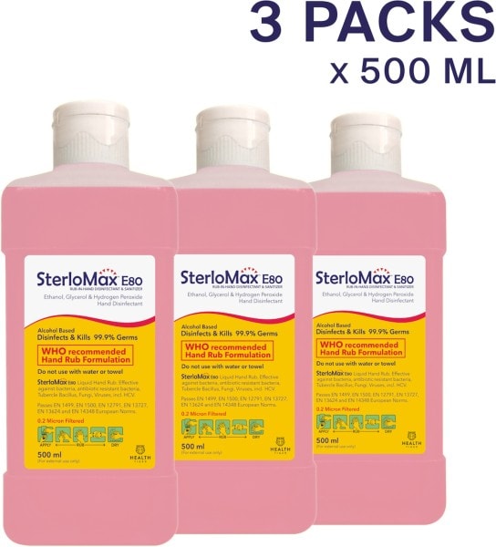 SterloMax E80 Rub In Hand Disinfectant Hand Sanitizer (500ML, Pack of 3)