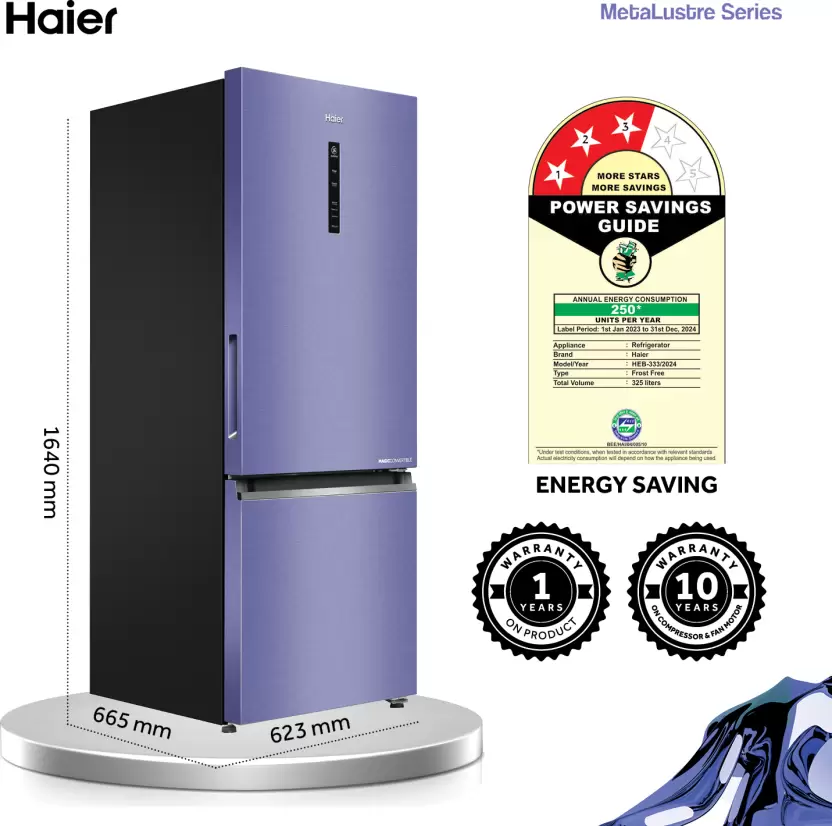Haier 325 L Frost Free Double Door Bottom Mount 3 Star Refrigerator (HEB 333SI P)