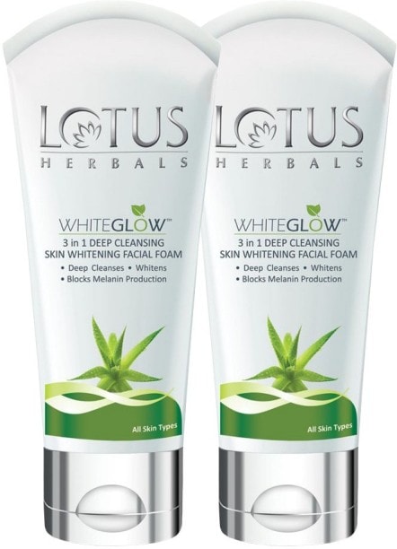 Lotus Herbals White Glow 3 in 1 Deep Cleansing Skin Whitening Facial Foam (100GM, Pack of 2)